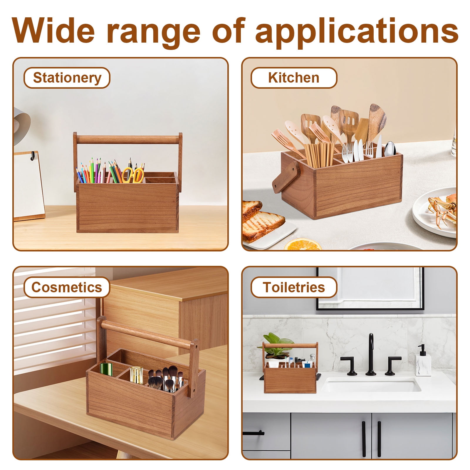 Wood Silverware Caddy with Handle 4 Compartments Utensil Holder Kitchen Cutlery Holder Multipurpose Organizer for Kitchen Office Bathroom Bedroom