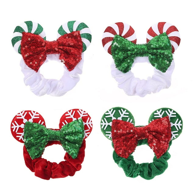 JIAHANG Gomas para el cabello con orejas de ratón de terciopelo navideño, piruleta, lentejuelas, lazo, soporte para cola de caballo, accesorios para el cabello para disfraces de festivales para mujere