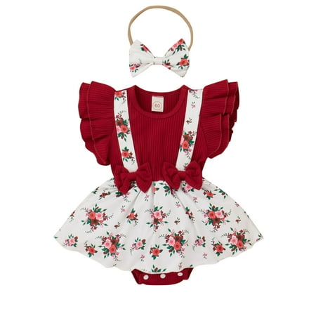 

Baby Girls Bodysuits Ruffles Flyleeve Leopard Floral Printed Romper Bowknot Ribbed Bodysuits Headbands Outfits