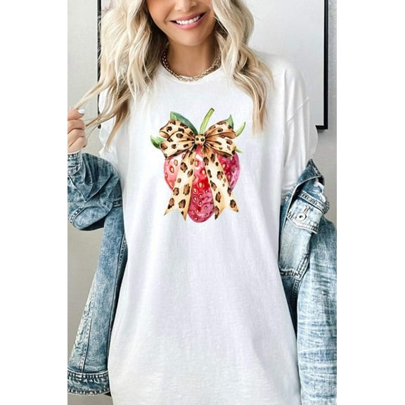 Strawberry with Leopard Bow Graphic Plus Tee
