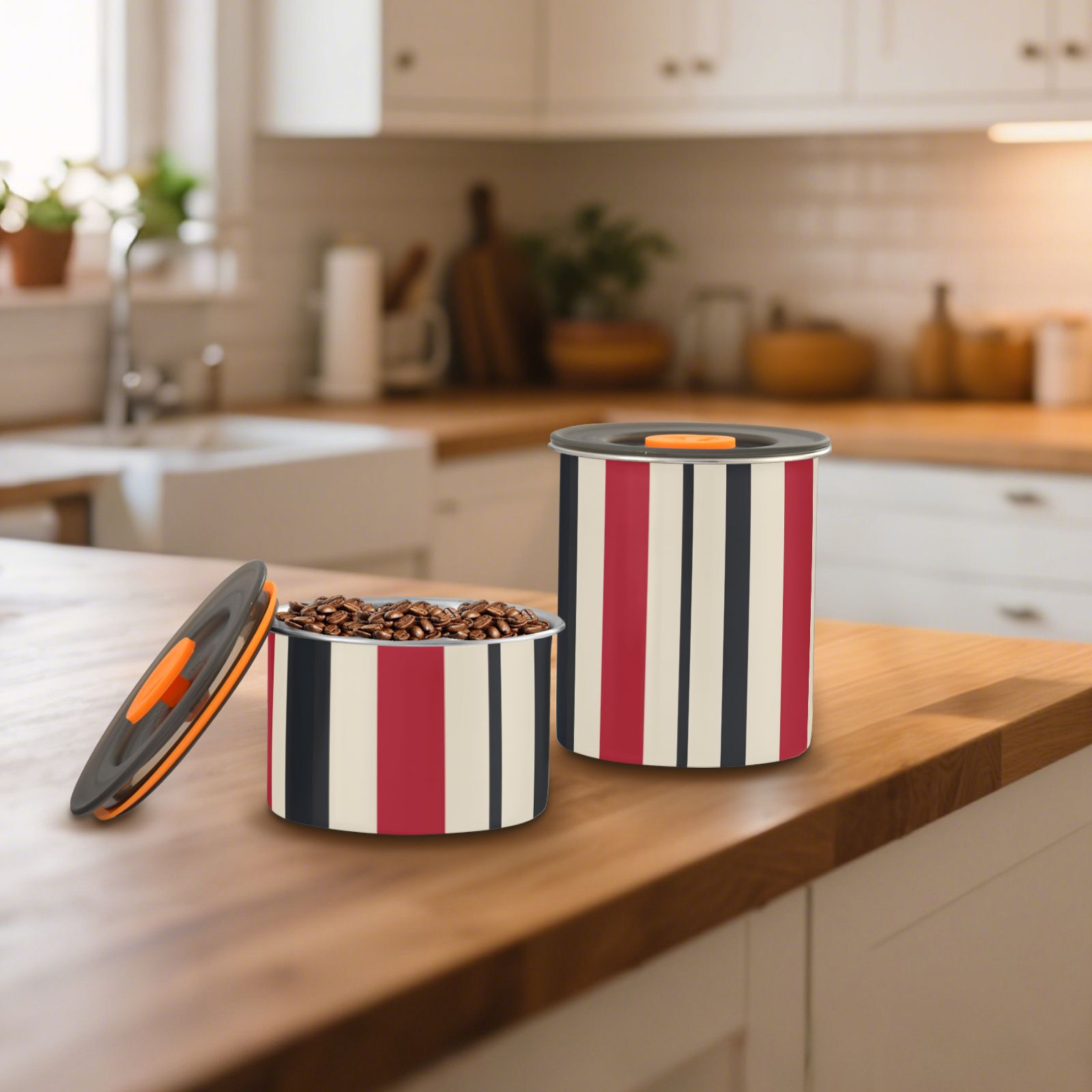 Red & Black Stripes Airtight Coffee Bean Canister 30oz Food Storage Containers with Lids For Gournd, Tea, Sugar, Flour, Rice, Cereal, Candy Cookie Jar