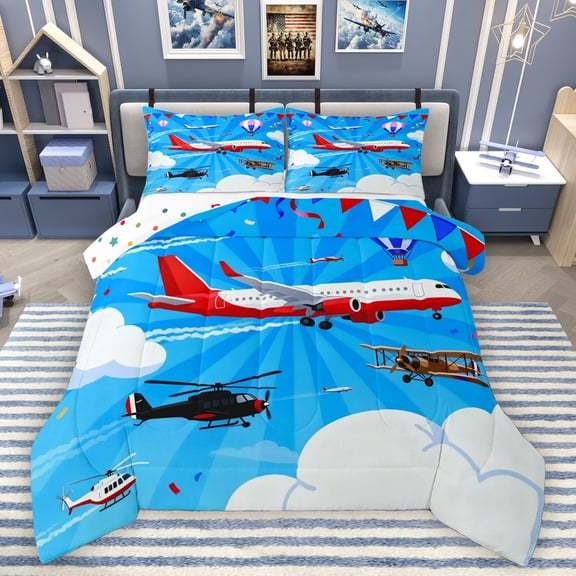 Homewish Modern Airplane Queen Comforter Set,Cartoon Aircraft Bedding Sets,Blue White Red Bedding Comforter Set For Boys Kids,Microfiber Bedroom Decor Reversible,3 Pieces