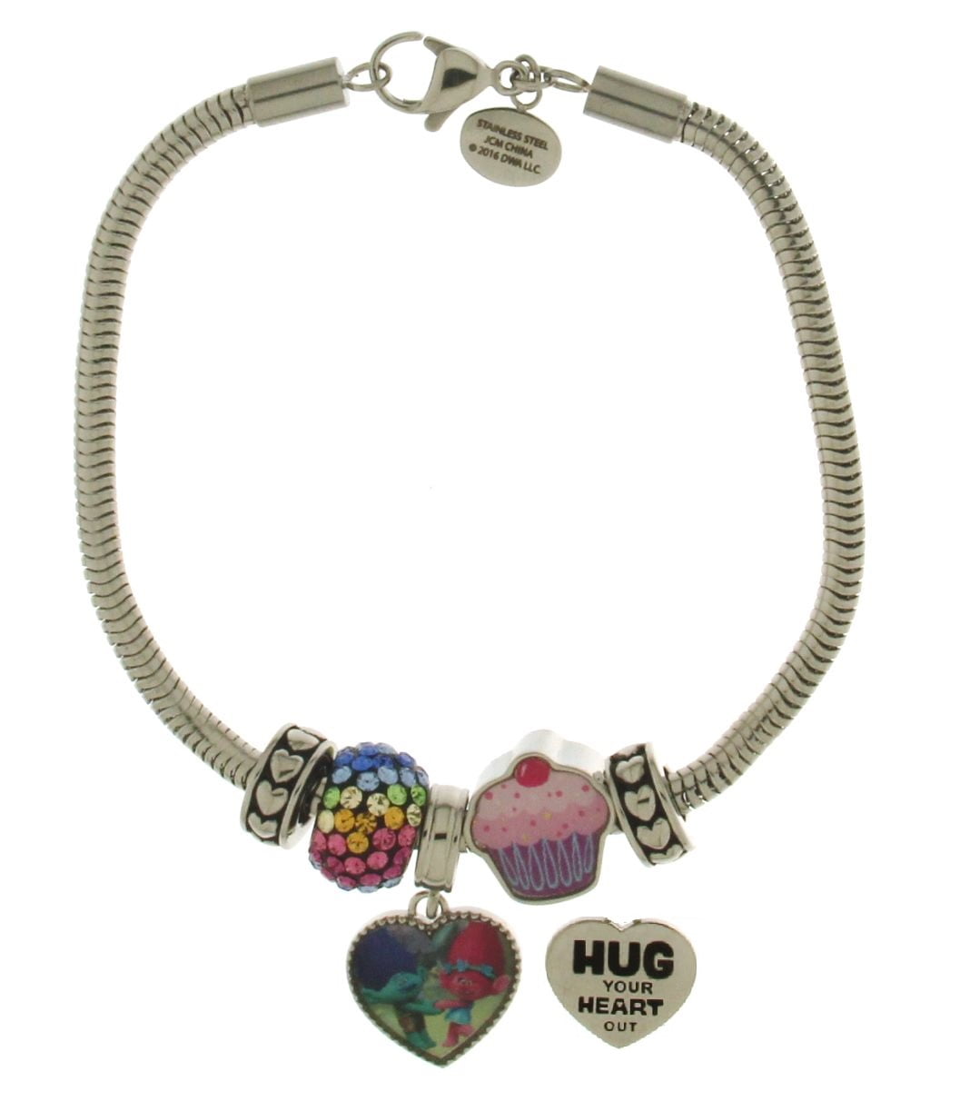 Trolls Stainless Steel "Hug Time" Heart Charm, Crystal Bead and Cupcake Bundle with Stoppers Charm Bracelet