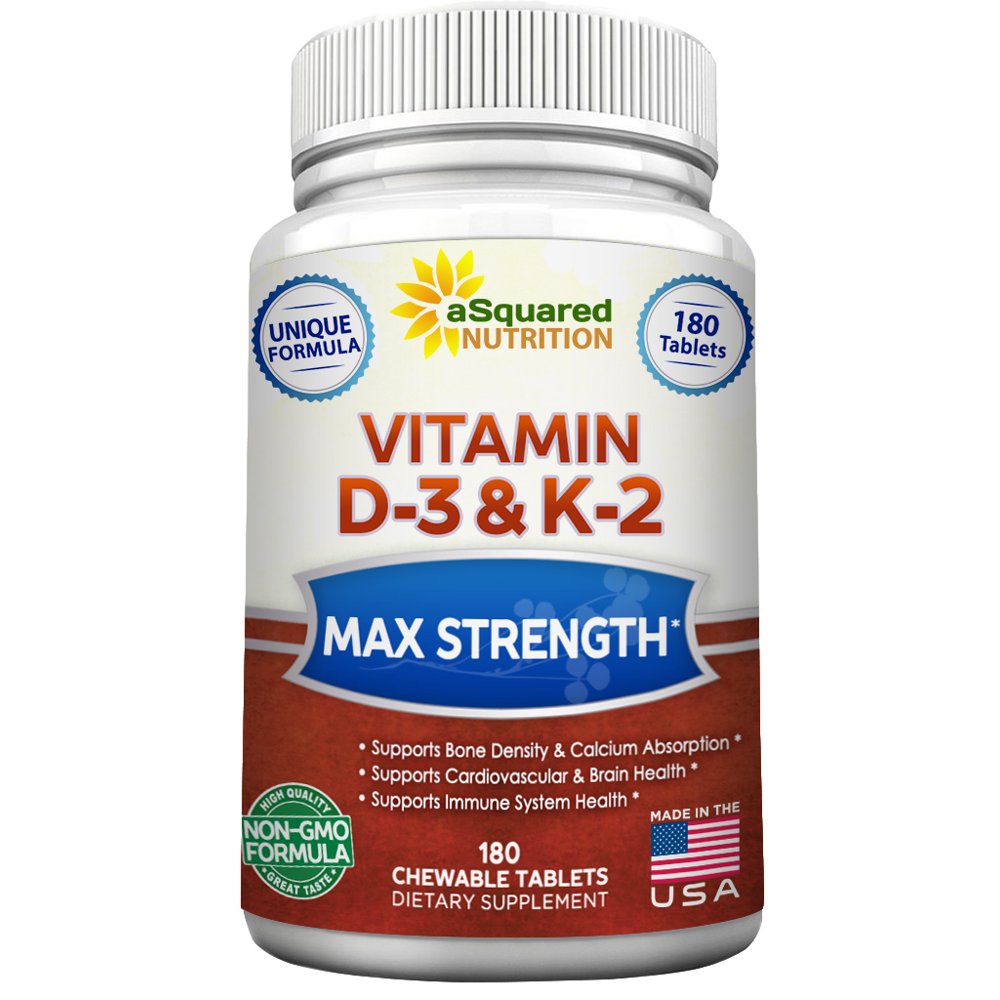 aSquared Nutrition Vitamin D3 with K2 Supplement 180 Chewable Tablets Max Strength D3