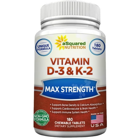 aSquared Nutrition La vitamine D3 avec supplément K2 - 180 comprimés à croquer - Max Force D3 cholécalciférol et K2 MK7 pour soutenir la Santé des Os et des dents - D 3 & K 2 MK7 Formule énergie