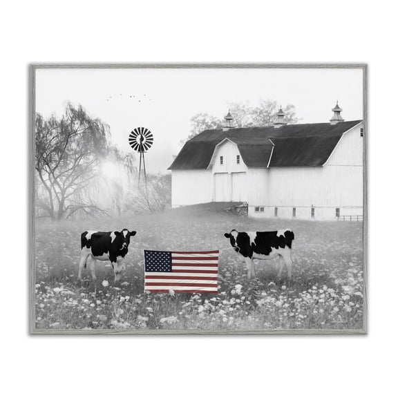 Stupell Industries Traditional Americana Barn Country Cows Flag Gray Framed Giclee Art, 14 x 11, by Lori Deiter