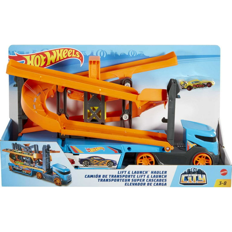 Hot Wheels City Lift & Launch Hauler with 1:64 Scale Toy Car