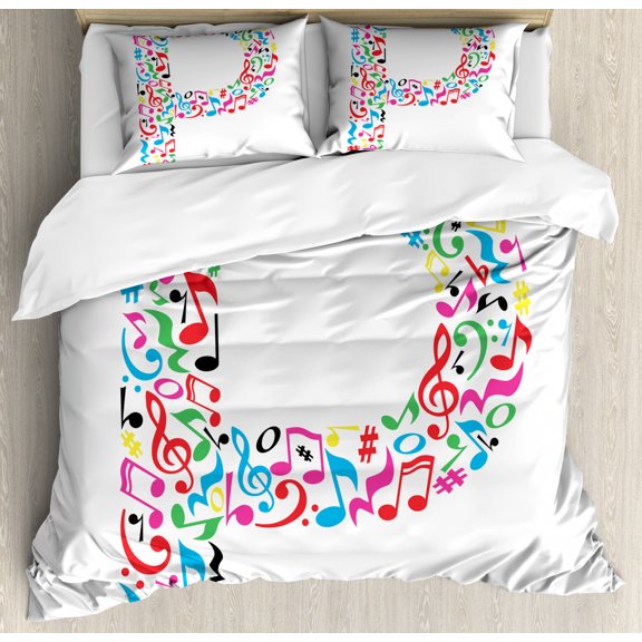 Letter P Duvet Cover Set King Size, Notes of Music Harmoniously Combined Creating Capital P Alphabet ABC Design Print, Decorative 3 Piece Bedding Set with 2 Pillow Shams, Multicolor, by Ambesonne