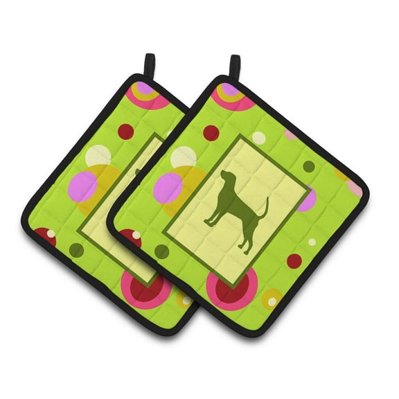 Carolines Treasures CK1118PTHD Lime Green Dots Coonhound Pair of Pot Holders  7.5HX7.5W multicolor