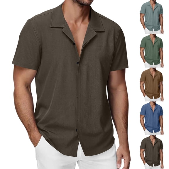 Guluxicc Men's Cotton Tops Button Down Collared Shirts Regular Fit Short Sleeve Solid Color Breathable Summer Business Casual Tops