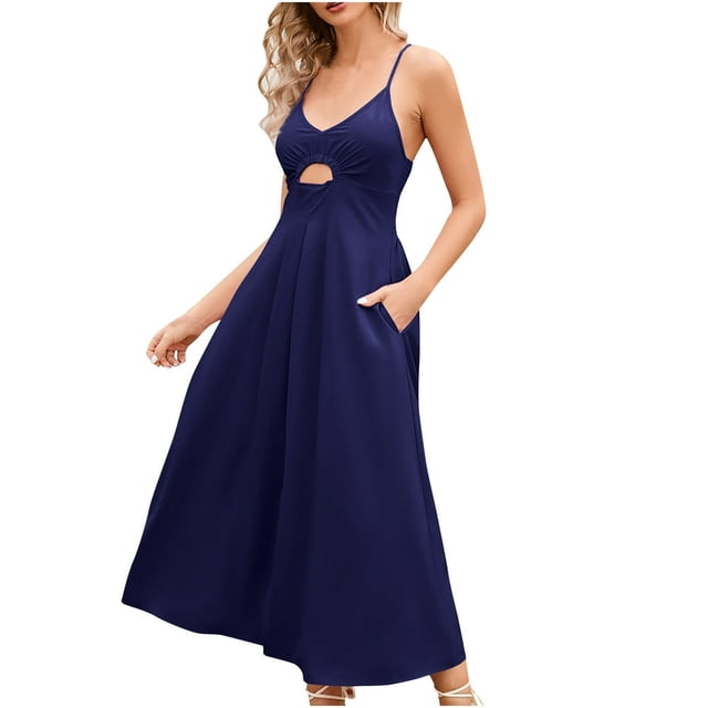PENGXIANG Femmes d'Été Bretelles Spaghetti Robes Décontractée Sans Manches V Cou Découpe Haute Split Robe de Plage Maxi avec Poches