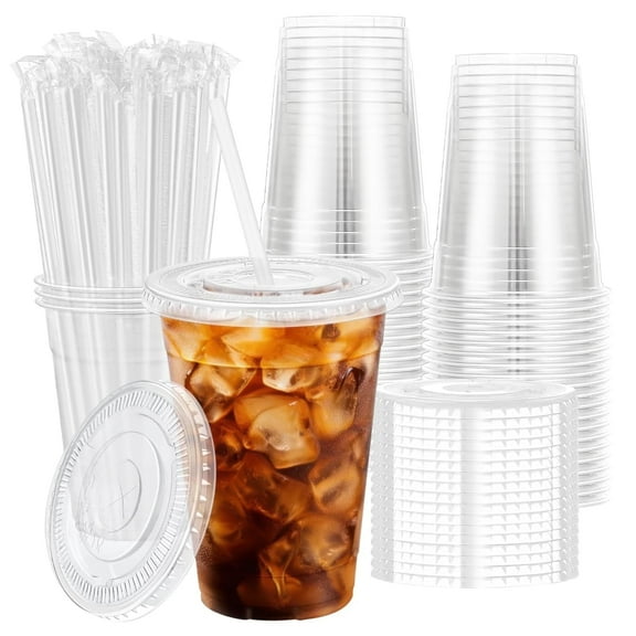 50 Pack Clear Plastic Cups with Lids and Straws, 16 oz Disposable Cups for Party, Leak-Proof, BPA-Free Clear Cups for Coffee, Smoothies, Cold Drinks