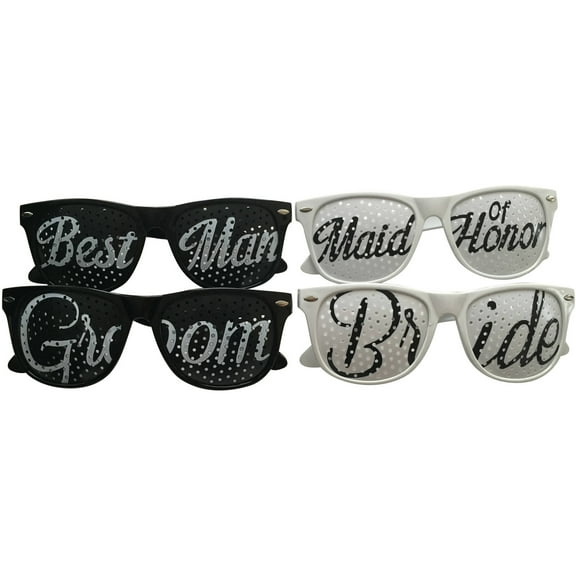 Bride, Groom, Maid of Honor and Best Man Wedding Party Sunglasses, Set of 4