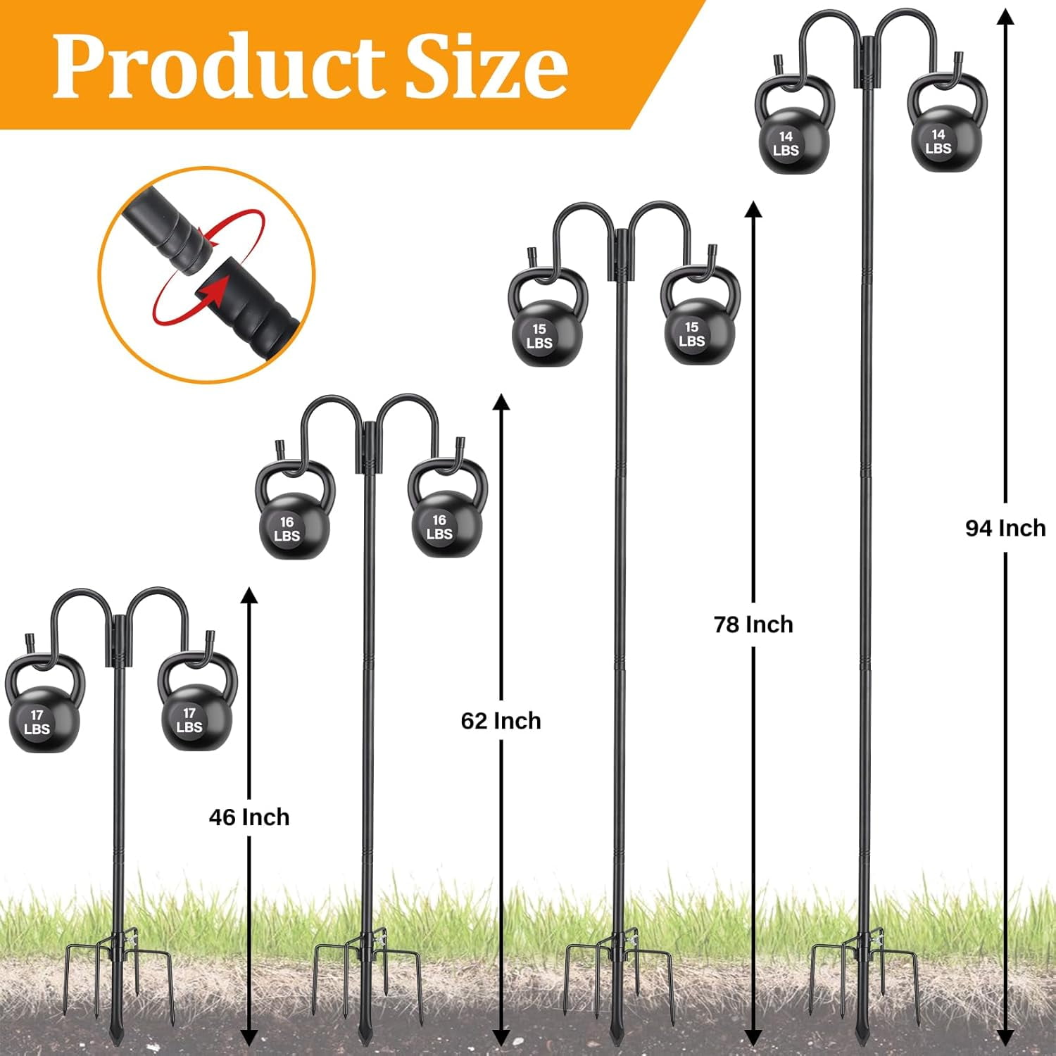 LCOKEIY 94 inch Double Shepherds Hook for Bird Feeder, Bird Feeder Poles for Outdoors
