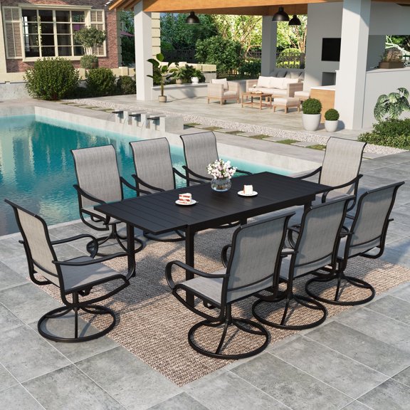 MF Studio 9-Piece Outdoor Patio Dining Set with Swivel High Back Textilene Chair & 84" Extendable Metal Table for 8 Person, Black & Gray