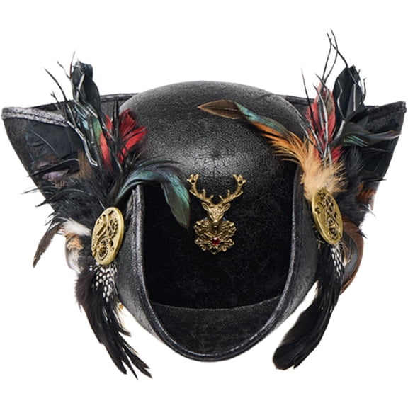 Slccxzc PU Tricorn Pirate Hat Feather Decor Adult Headwear