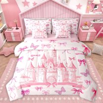 Homewish Dreamy Princess Castle 7pcs Bedding Comforter Set,Cute Bowtie Ribbon Queen Bedding Sets,Pink Fairy Tale Queen Sheet Sets For Girls Kids,Breathable Home Decor Reversible