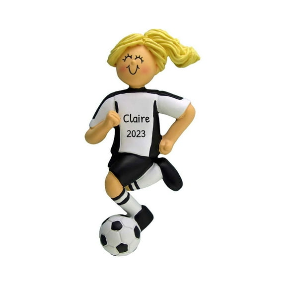 Personalized  Blonde Female Soccer Player Ornament in Black Uniform 1 Count - Ornaments by Elves