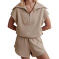 thumbnail image 1 of Women Two Piece Outfits Tracksuit Half Zip Lapel Cap Sleeve Sweatshirt High Waist Drawstring Shorts Set Sweatsuit, 1 of 5