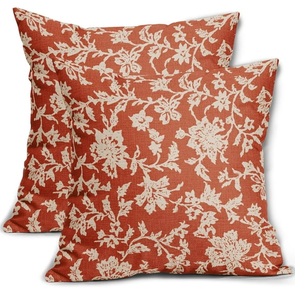 Dark Orange Floral Pillow Covers 18x18 Set of 2 Cream Fall Vintage Flower Block Print Pattern Decorative Throw Pillowcases Outdoor Rustic Farmhouse Square Cushion Cases Decor for Home Couch Sofa Bed