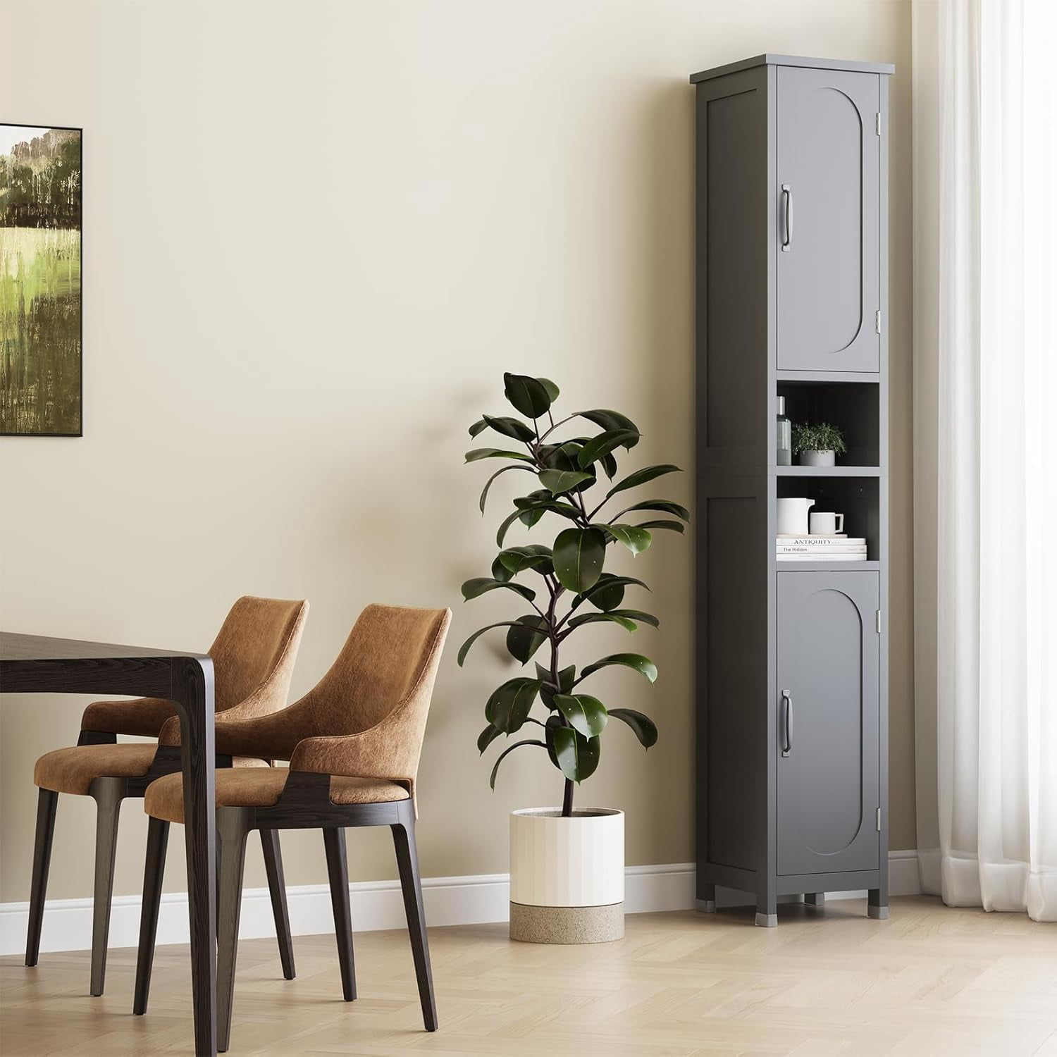 67" Tall Bathroom Storage Cabinet with Lights, Slim Narrow Bathroom Cabinet Organizer with Doors and Adjustable Shelves, Tall Cabinet for Small Space, Living Room, Kitchen, Gray