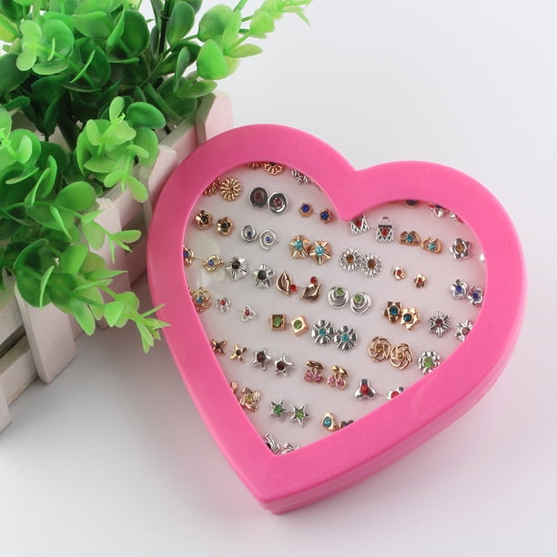 Pendientes de botón para mujer, pendientes de botón, pendientes de botón para mujer, color dorado, 36 pares de pendientes, pendientes de botón con forma de corazón, llave y flor.