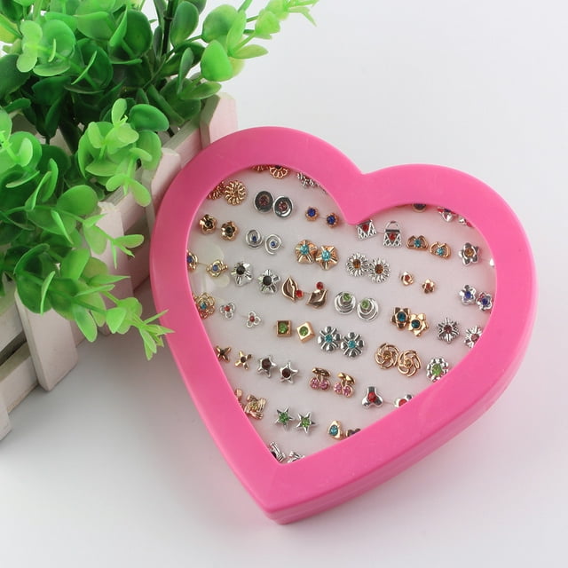 Pendientes de botón para mujer, pendientes de botón, pendientes de botón para mujer, color dorado, 36 pares de pendientes, pendientes de botón con forma de corazón, llave y flor.