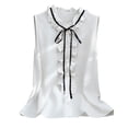 thumbnail image 5 of Women's Summer Sleeveless Botton Down Bow Tie Blouse Ruffled Neck Work Casual Chiffon Tank Top White XL, 5 of 6
