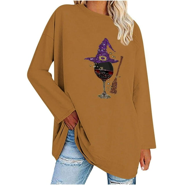 Jienlioq Hauts de Sortie pour Femmes T-Shirt Imprimé Halloween Col Rond Épaule Tombante Manches Longues en Liquidation