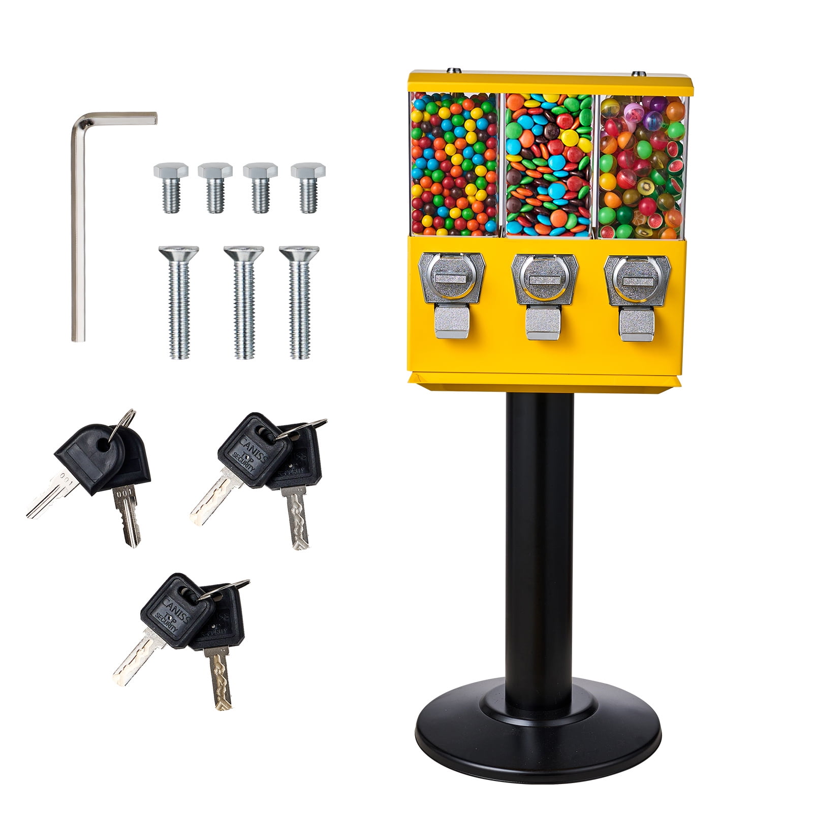 KFFKFF Industrial Coin-Operated Machine, Three-Section Sweet Distributor with Metal Base, Business-Grade Gumball and Confectionery Device, Coin-Driven Gumball Repository