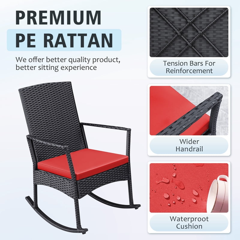 Devoko 3 Pieces Patio Rattan Rocking Chair Set with Cushion and Table Outdoor Porch and Garden Furniture Set, Red