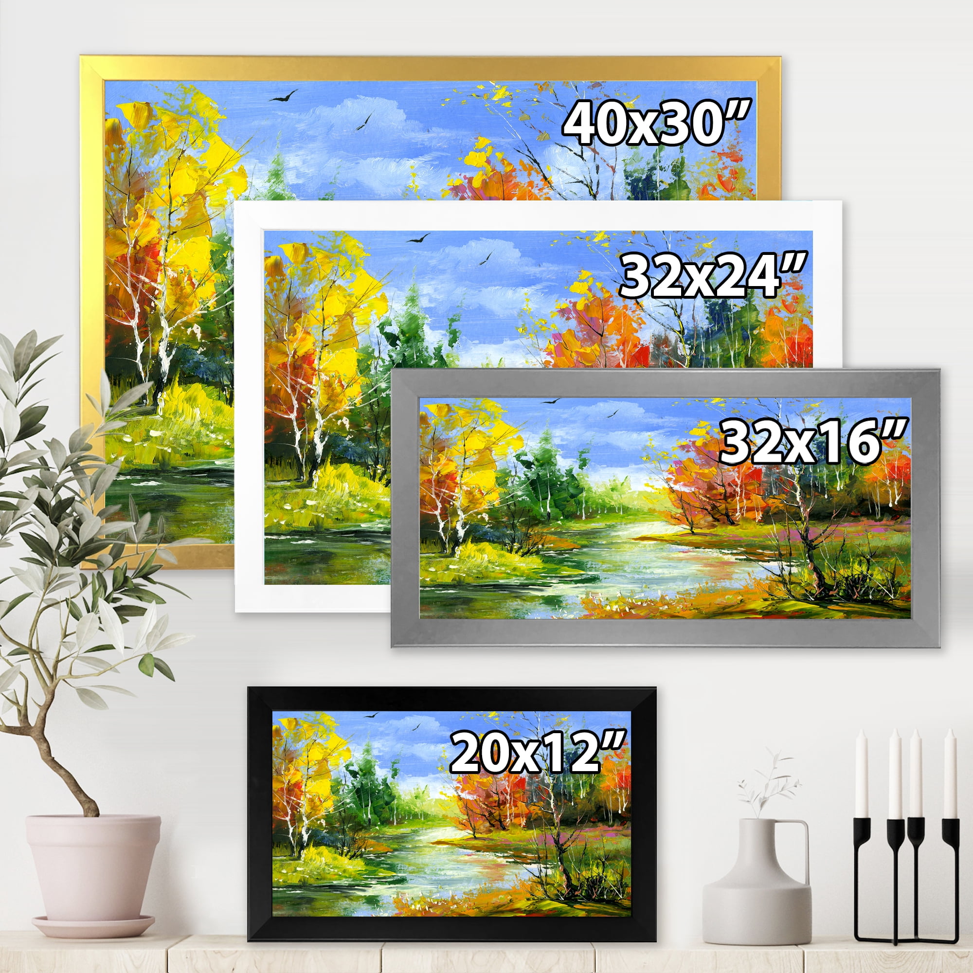 Designart 'Autumn Landscape With Forest and River' Lake House Framed Art Print