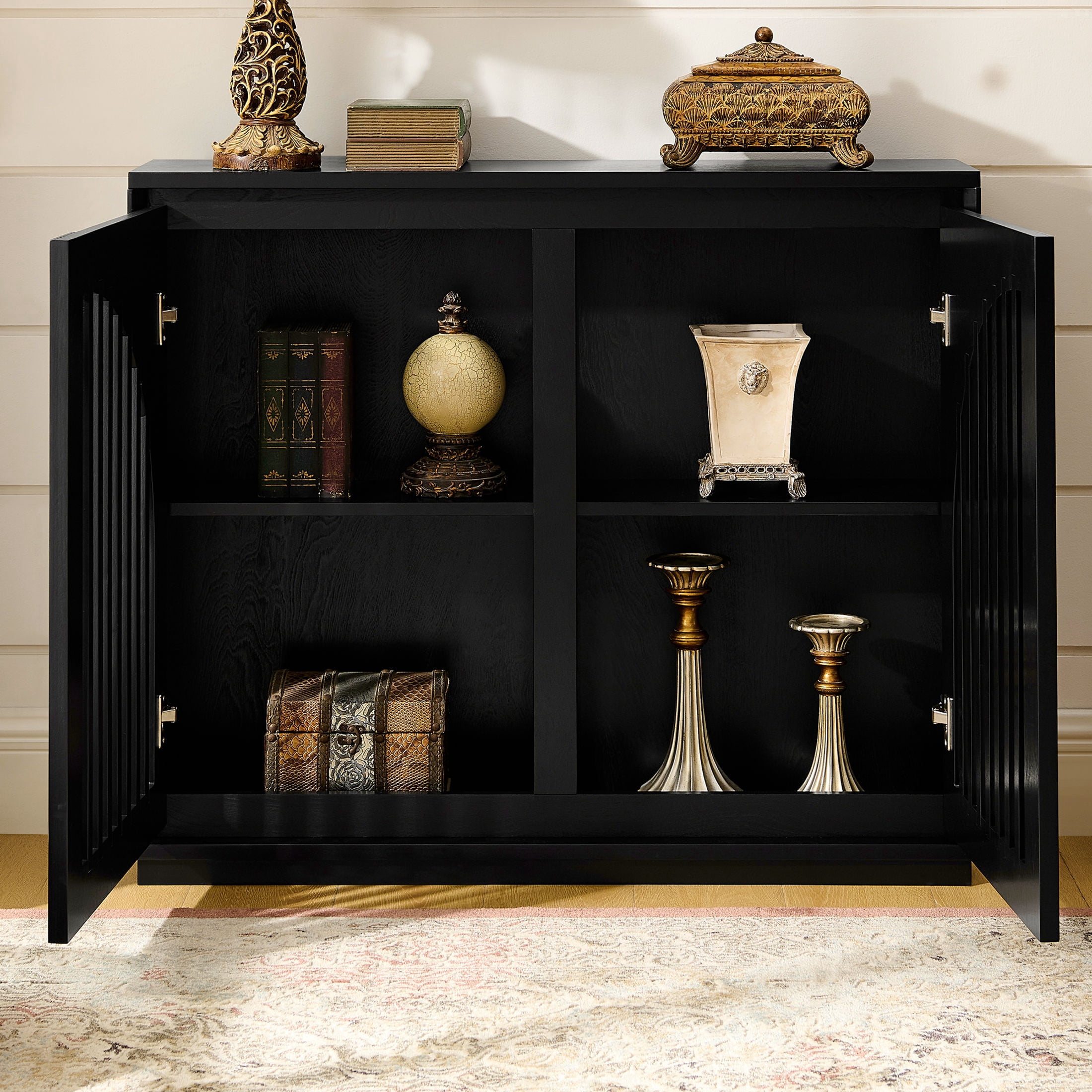 GDF Studio 39" Mid Century Modern Fluted Sideboard Cabinet with 2 Outlet Holes, Black