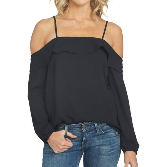 1.STATE Womens Flounce Knit Blouse, Black, Small