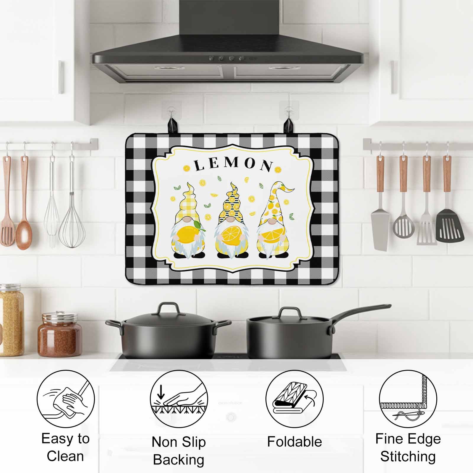 Summr Lemon Gnomes Stove Top Cover for Electric Stove, Heat-proof & Non Slip Glass Top Stove Cover Protector, Farmhouse Rustic Black Plaid Kitchen Flat Cooktop Rubber Mat 24x21 Inches