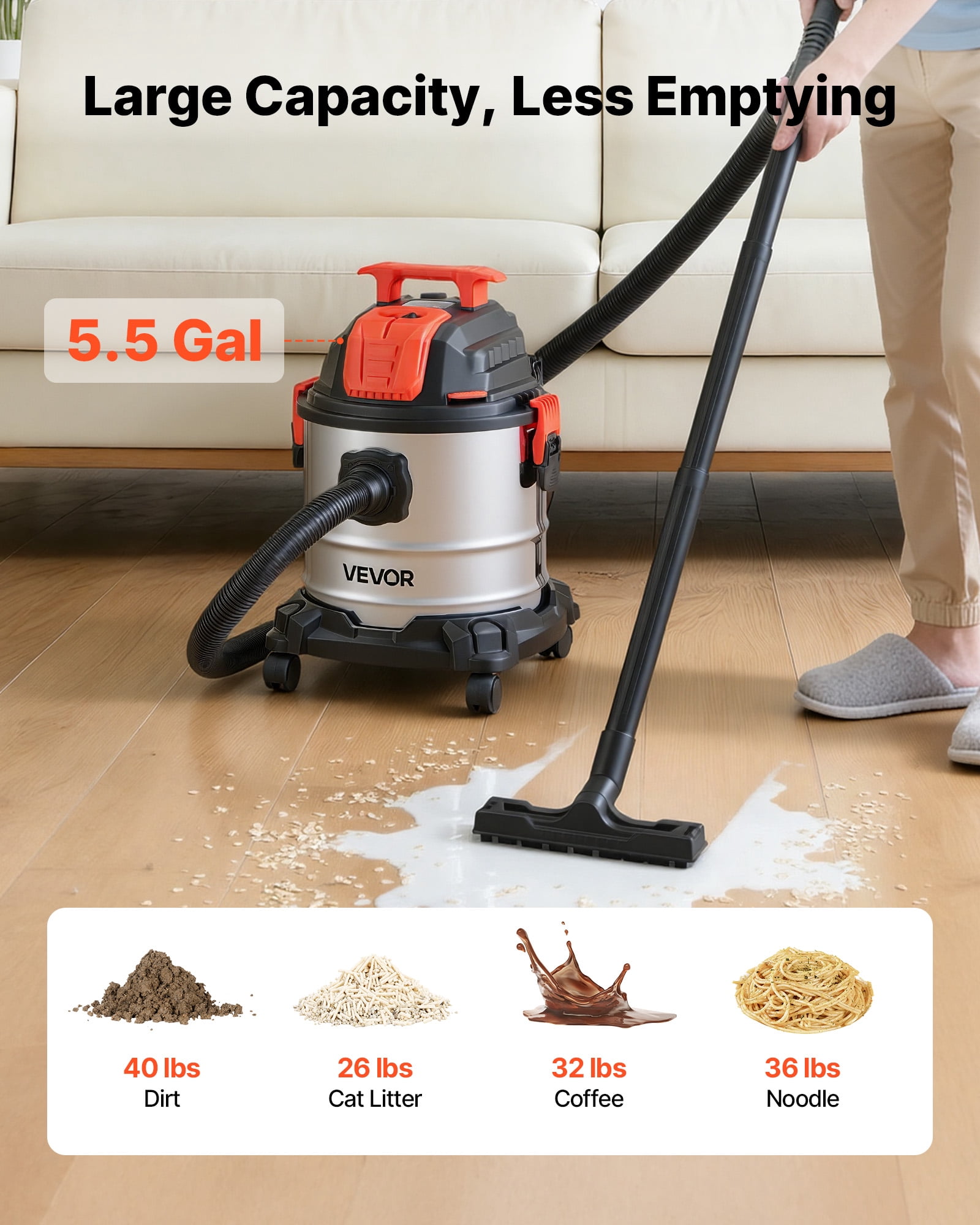 VEVOR Shop Vac, 5.8 Gallon Wet Dry Shop Vacuum, 4 Peak HP with One-Button Self-Cleaning, Dual-Filter, 900W Input Power, 1.25in x 7ft Hose, 9.8ft Cord, Metal Tank for Jobsite, Workshop, Garage, Home