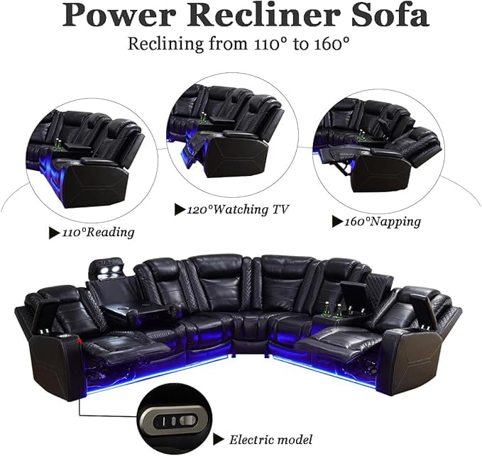Gewnee Air Leather Oversize Power Recliner Sectional Sofa with Cup Holder for Living Room Office Theater