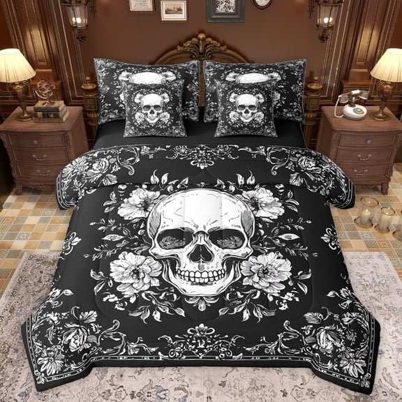 jejeloiu Spooky Gothic 7-Piece Twin Bedding Sets,Skull Flower Pattern Bedding Comforter Set,White Gray Black Sheet Sets For Men Women,Super Cozy Room Decor Reversible