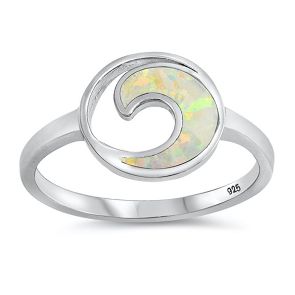 CHOOSE YOUR COLOR White Simulated Opal Spiral Wave Circle Ring .925 Sterling Silver Band CZ Female Size 8