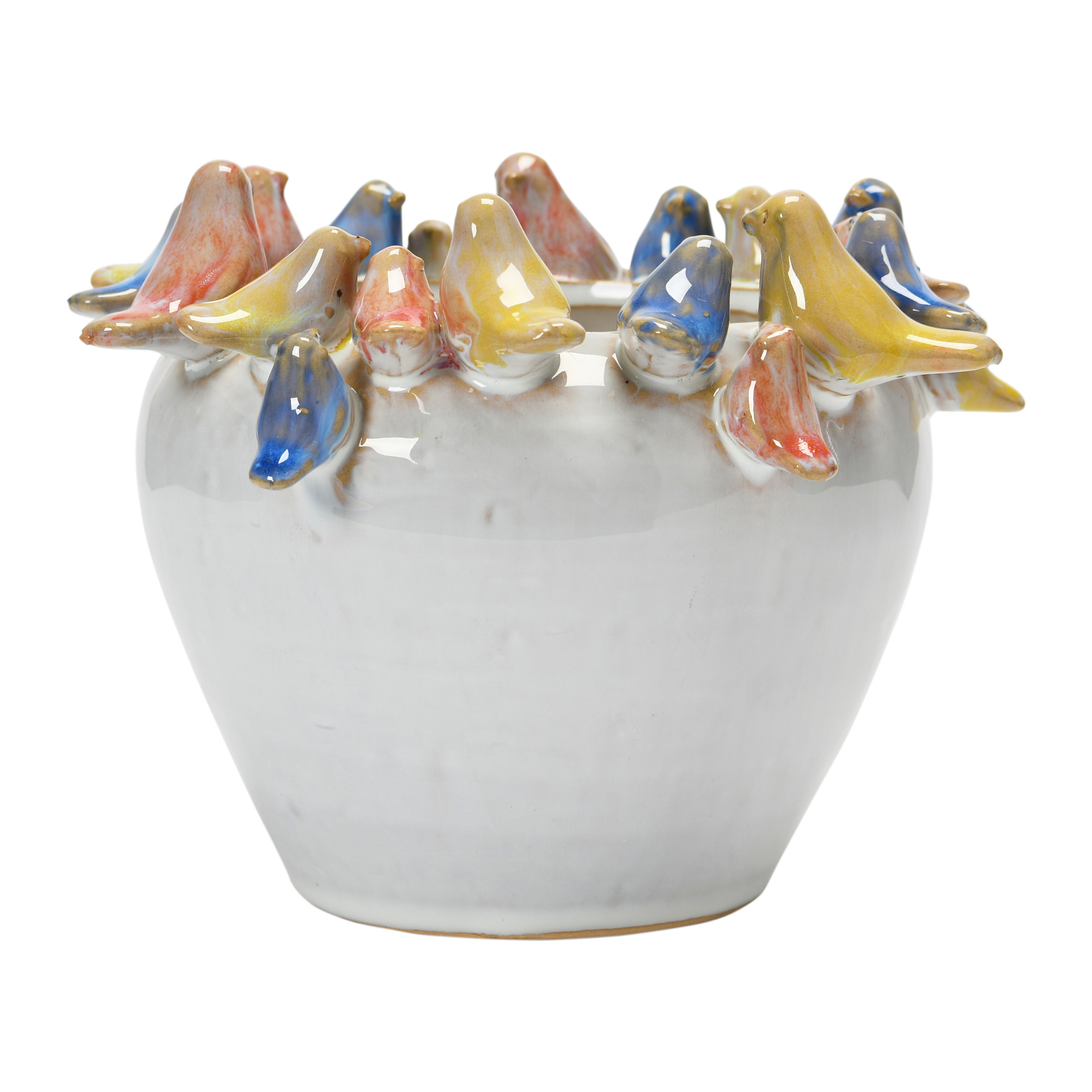 Creative Co-Op Decorative Stoneware Planter with Birds on Rim and Reactive Glaze, Multicolor