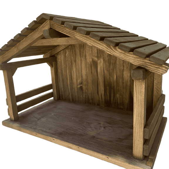 Large Spaced Roof Nativity Stable, Medium Walnut Stained, Lights Included, 28" W x 18" H x 15" D