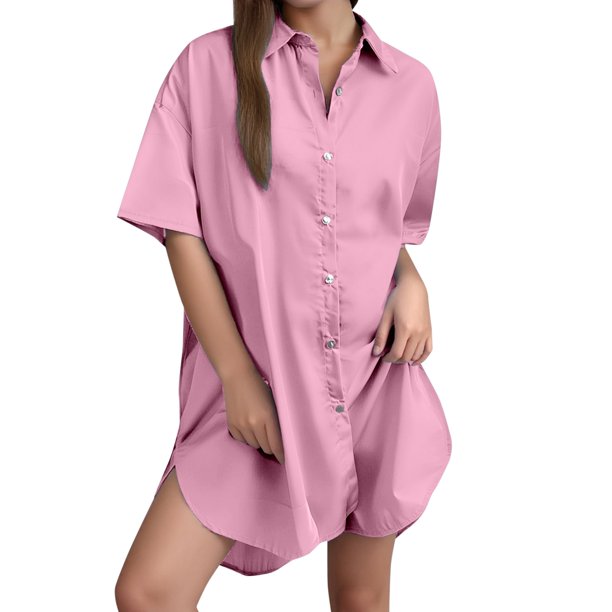 Nueva camisa informal holgada de manga corta para mujer: lino de color liso, poliéster estampado, para todas las estaciones