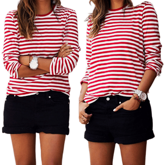 WIFORNT Women Red White Striped Casual Tops Long Sleeve Round Neck Loose Shirt Fashion T-Shirt