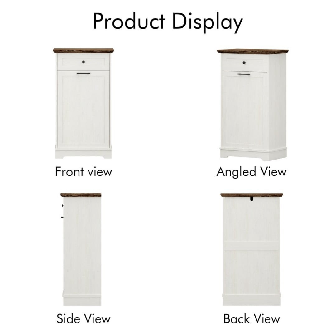 13 Gallon Tilt Out Trash Cabinet, Freestanding Garbage Can Storage with Drawer, Wood Recycling Cabinet, Antique White Kitchen Trash Bin Holder, Antique Brown & White