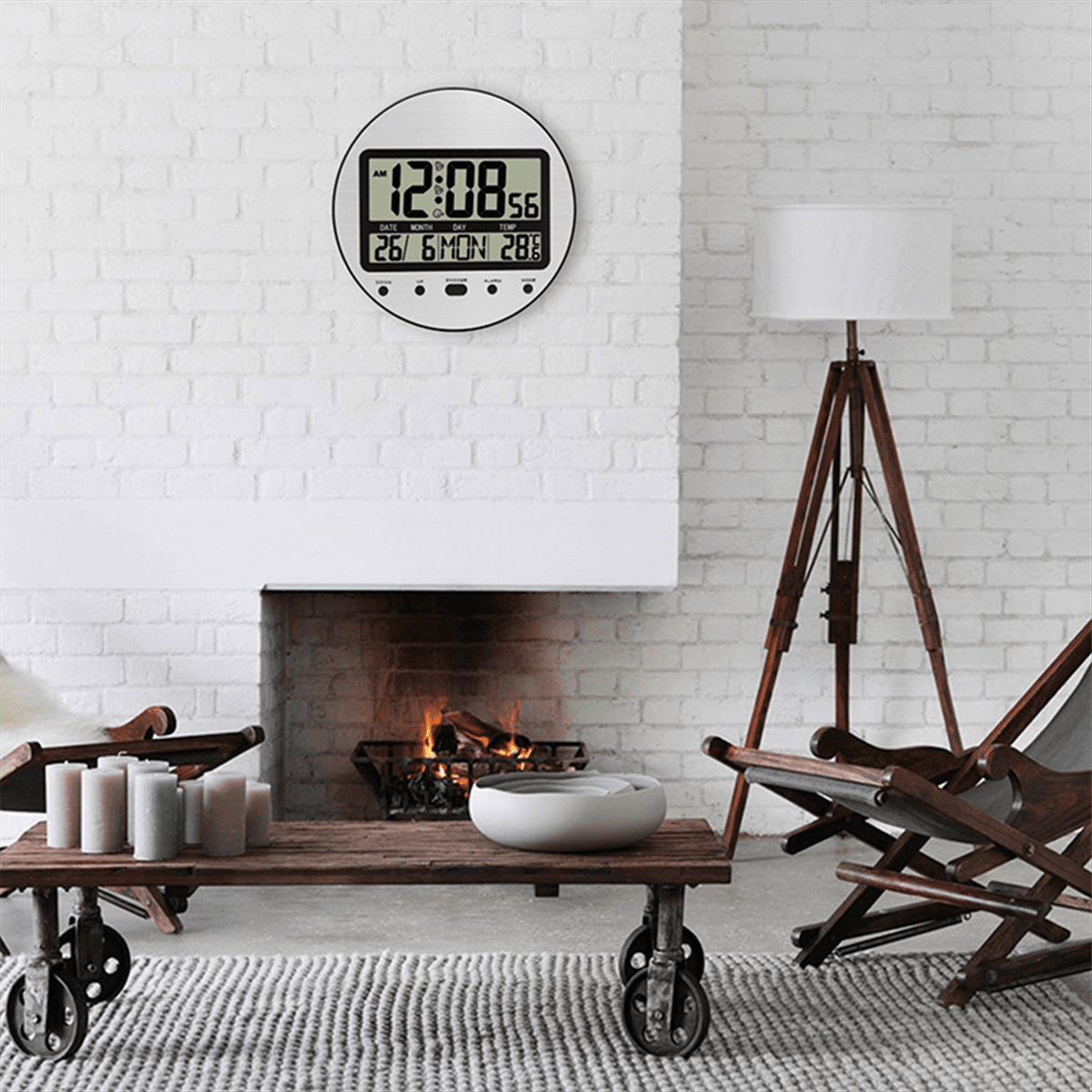 Alarm Clock 12/24 Hour Battery Operated Self-Setting Wall / Desk Mount Calendar Digital Clock for Bedroom Bedside White Plastic White