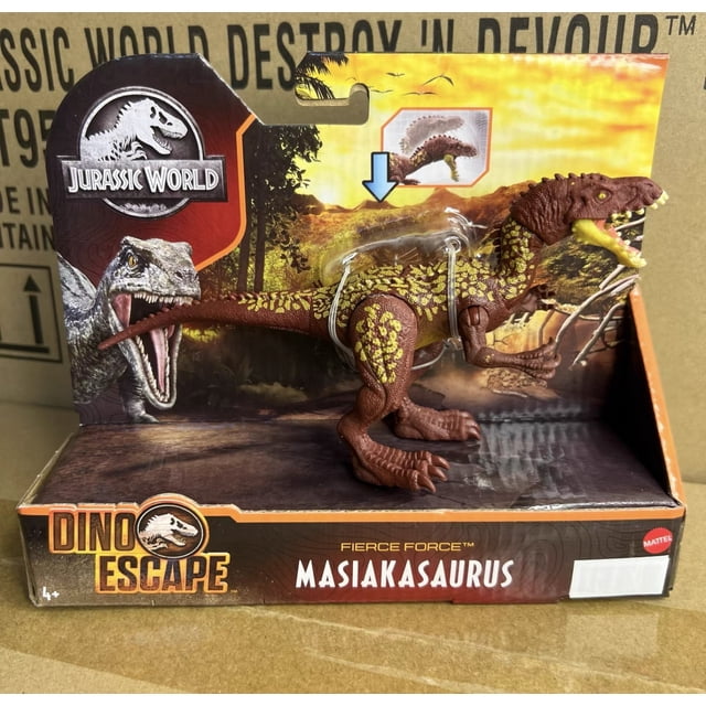 2025 figuras de dinosaurios originales de jurassic world, dinosaurios rastreadores, ankylosaurus, baryonyx, triceratops, indoraptor, figuras de animales, daños extremos muestra figura Masiakasaurus caqui en empaque abierto, vista lateral de pie con textura de escamas, pintura verdosa y articulaciones visibles; adecuada para coleccionables y figuras articuladas.