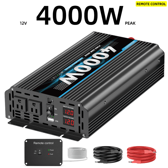 4000 Watt Pure Sine Wave Power Inverter 12V DC to 110V 120V Converter for Family RV Off Grid Solar System Car with Type-C Ports 3 AC Power Outlets USB Ports LCD Display and Remote Control,Black