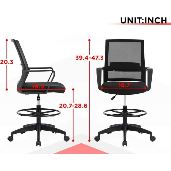 Drafting Chair Tall Office Chair Mesh Ergonomic Mid-Back Desk Chair with Adjustable Foot Ring for Executive Computer Standing Desk, Black