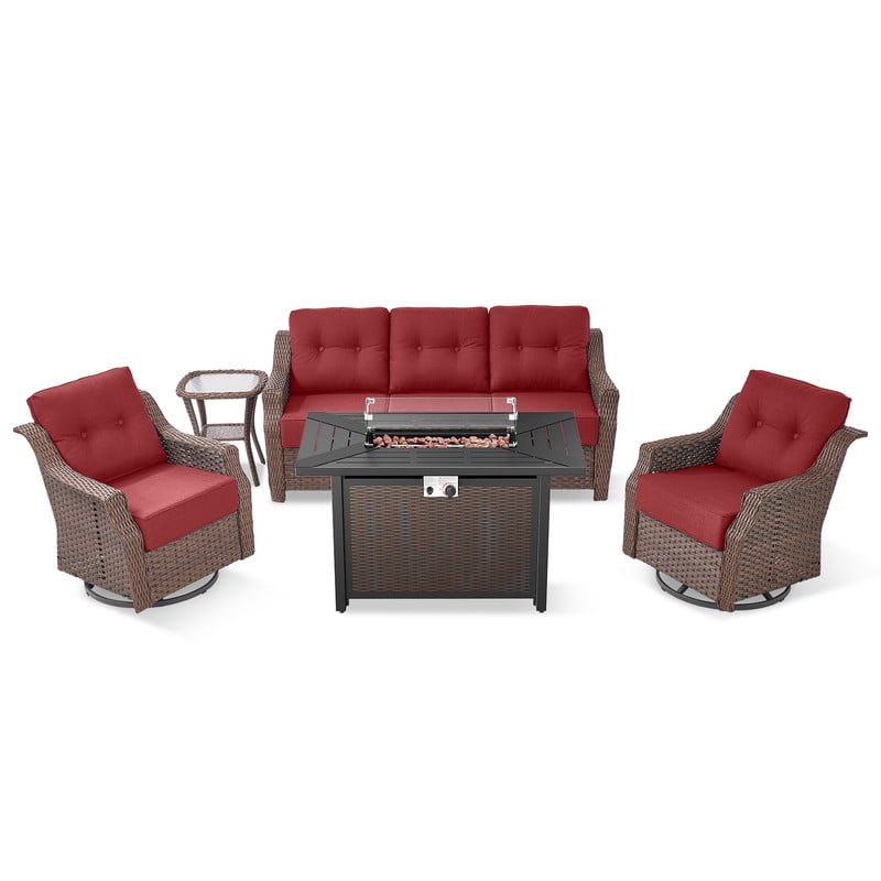 PARKWELL 5 Pieces Outdoor Patio Furniture Set with Fire Pit Table,Luxury 6" Thick Conversation Set with Swivel Glider Chairs,All-Weather Seating Furniture Set for Backyard Deck, Brown/Red