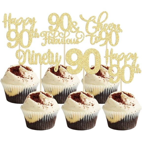 10Pcs Gold Glitter 90th Birthday Cupcake Toppers, Cheers to 90 Picks for 90th Birthday Party Cake Decorations
